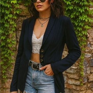 LUCKY LOTUS Navy Button-Front French Terry/Rib Knit Jacket, M